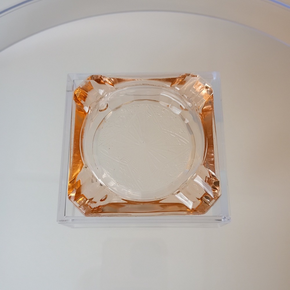 Vintage Pink Depression Glass Ashtray Etched Starburst Square Art Deco Trinket